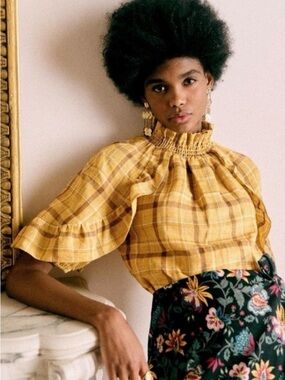 Sezane Cassandre Blouse in Ochre Check